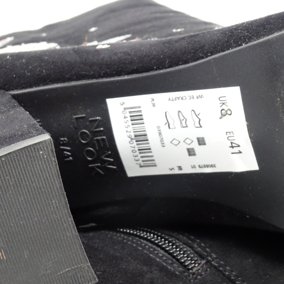 NEW LOOK Black Suedette Floral Embroidered Block Heel Boots NEW Womens Size 10 - Picture 7 of 7